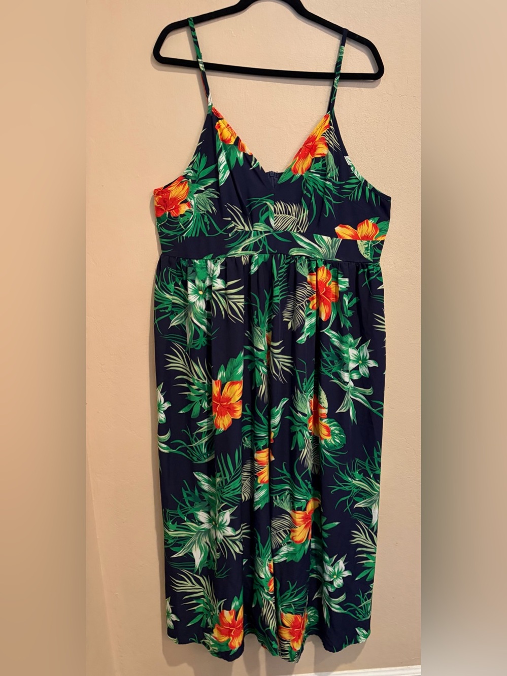 Flowy and Tropical Orange Hibiscus Maxi Dress, w/ Babydoll Bust and Thin Straps
